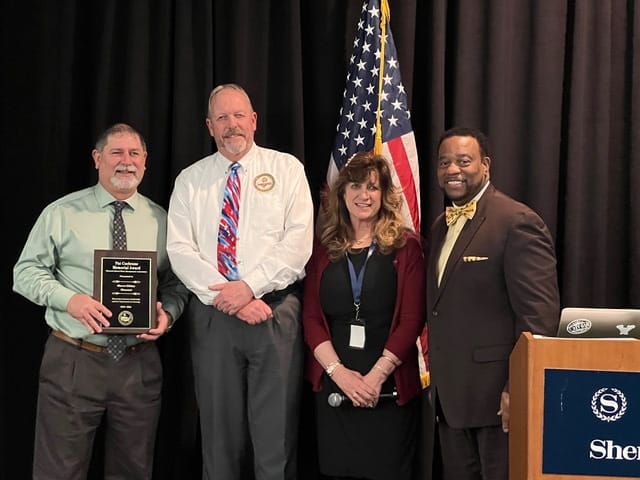 Shawn Dilday, recipient of 2024 Pat Cochrane Award, with Keith Gourlay, Executive Director of New Jersey School Plant Management Association, and Kim Keener and Vernon Jackson, NSPMA Awards Committee Members.